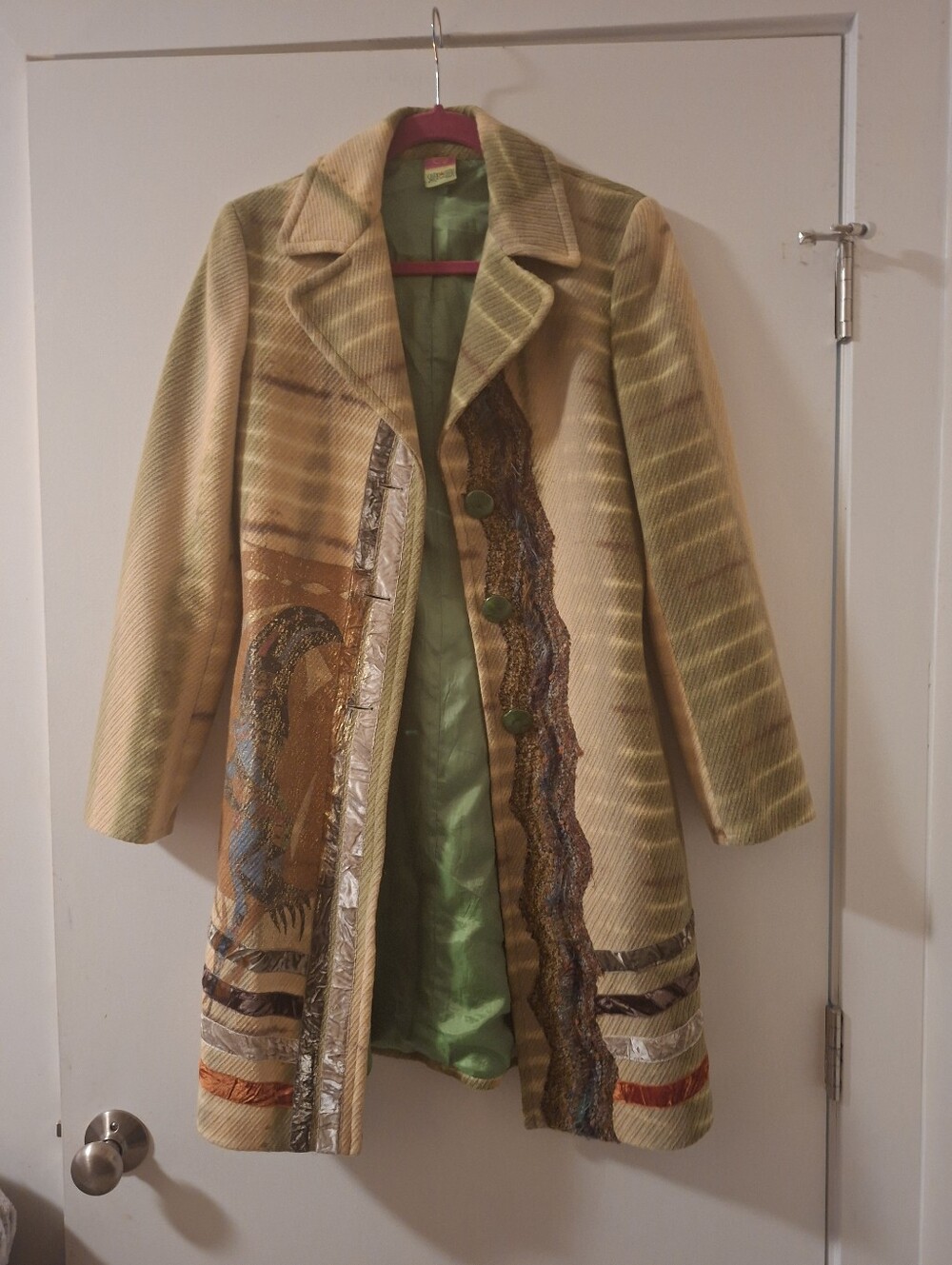 Boho Italian Women's Green and Gold Patterned Long Coat